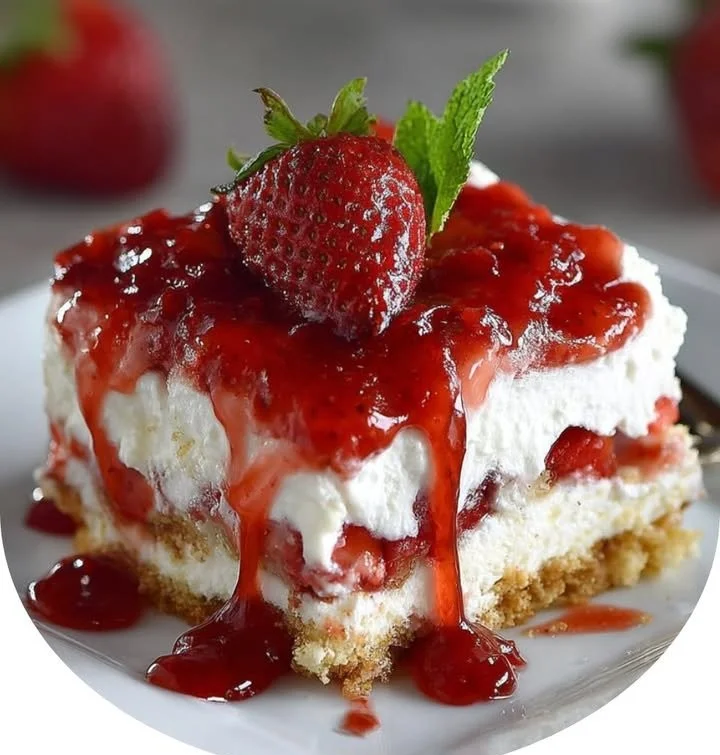 No-Bake Strawberry Cheesecake Lasagna layered dessert with fresh strawberries