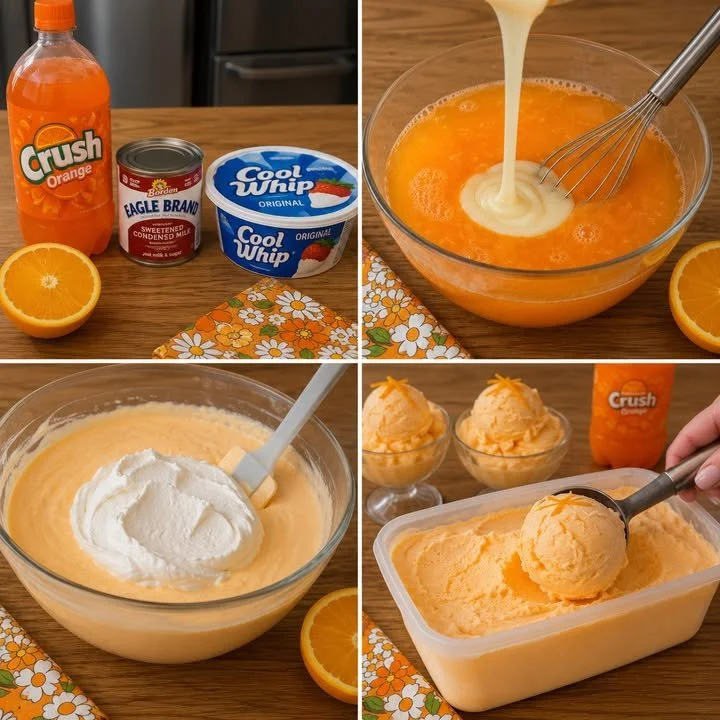 Delicious bowl of Orange Crush Sherbet topped with a slice of orange