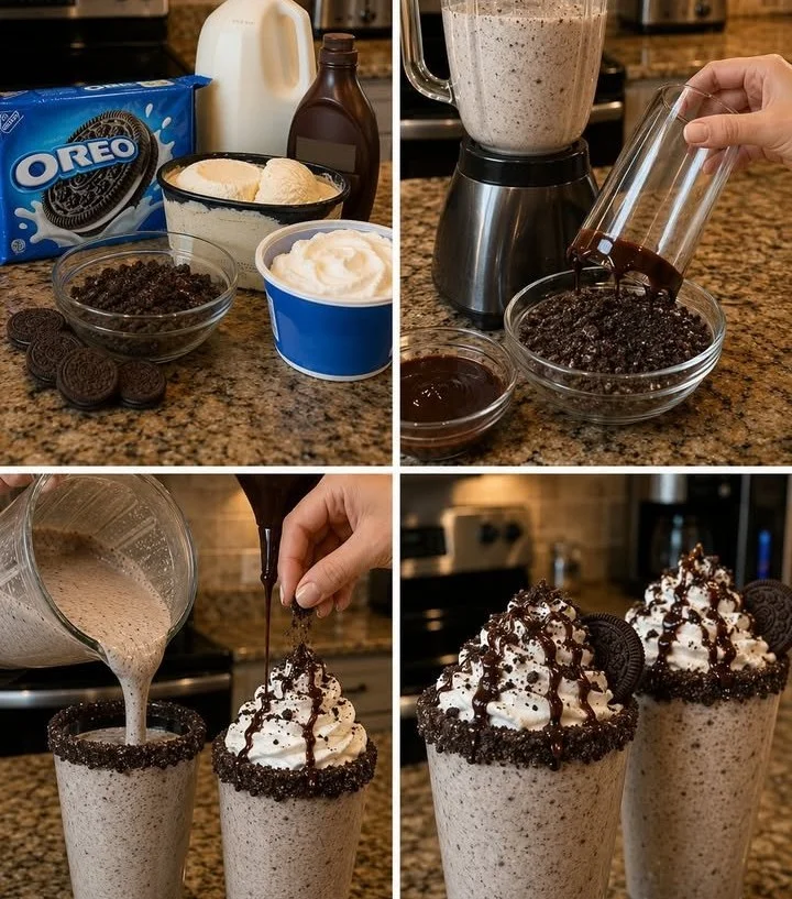 OREO cookies and cream milkshake topped with whipped cream and crushed OREO cookies