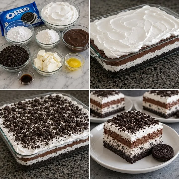 Decadent Oreo no-bake dessert topped with chocolate and crushed cookies.