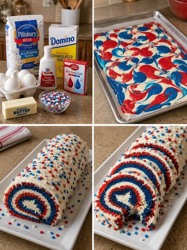 Delicious patriotic 4th of July cake roll with red, white, and blue layers
