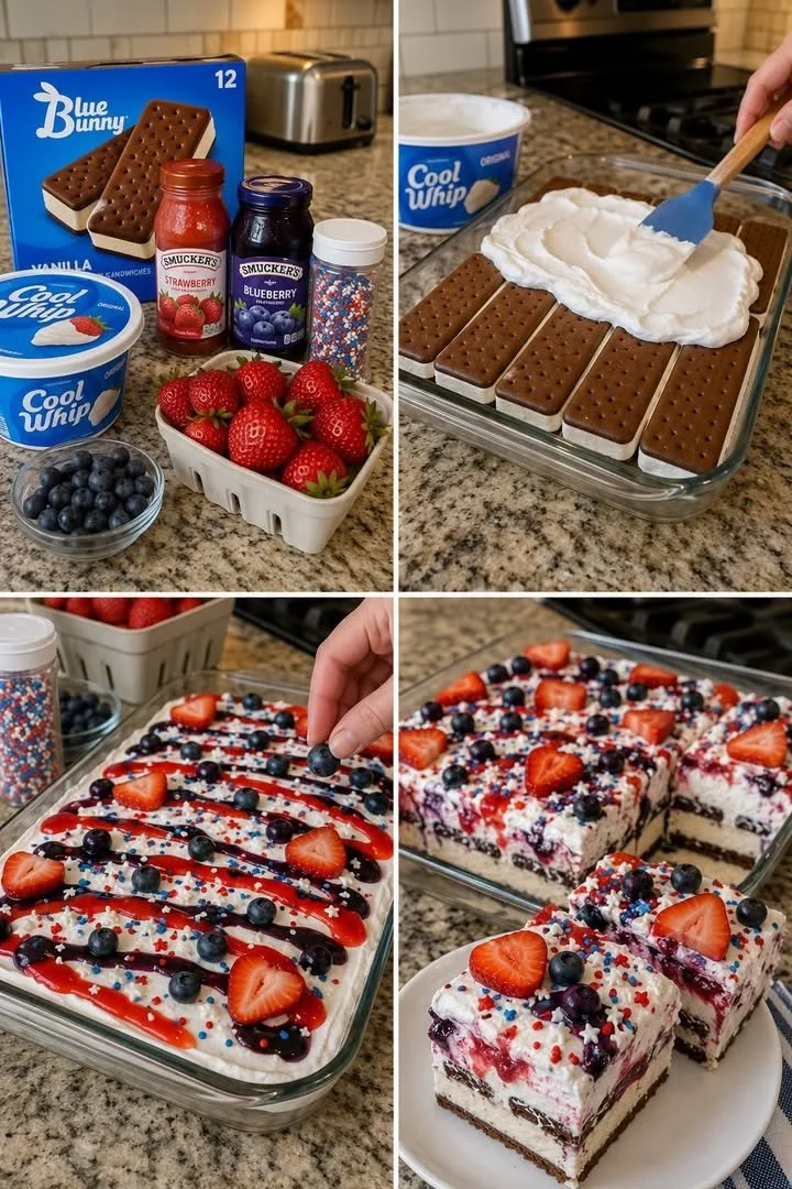 Delicious Patriotic Ice Cream Sandwich Cake decorated for a festive celebration