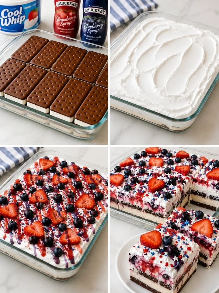Patriotic ice cream sandwich dessert with red, white, and blue layers