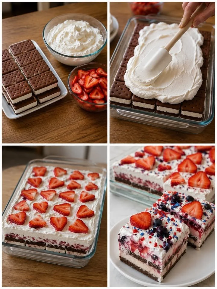Patriotic ice cream sandwich dessert with red, white, and blue layers
