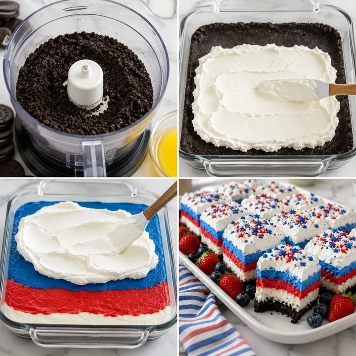 Delicious Patriotic No-Bake Oreo Pudding Dessert in a festive dish