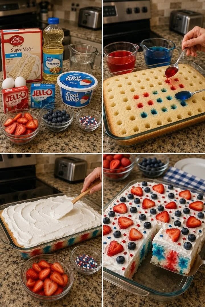 Patriotic Poke Cake with red, white, and blue layers for festive celebrations