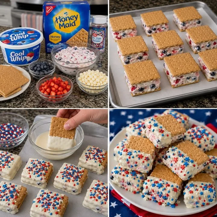 Patriotic Red White and Blue Cool Whip Icebox Sandwiches on a platter
