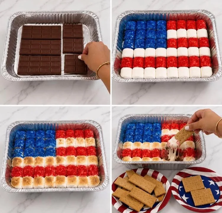 Patriotic S'mores Dip with red, white, and blue toppings