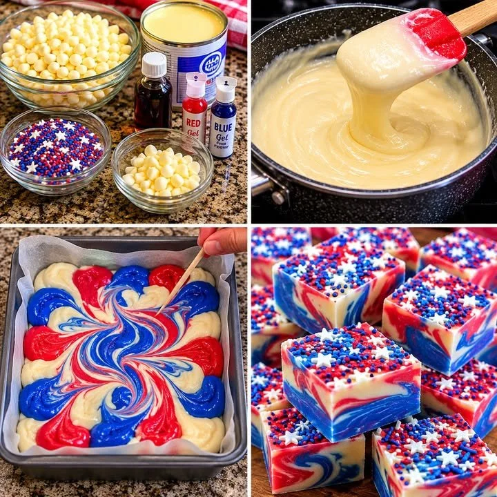 Patriotic Swirl Fudge with red, white, and blue colors, ideal for celebrations.