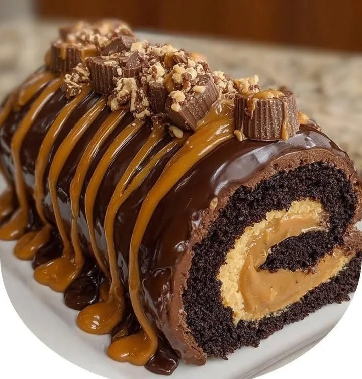 Peanut Butter Cup Chocolate Roll Cake with luscious chocolate and peanut butter filling