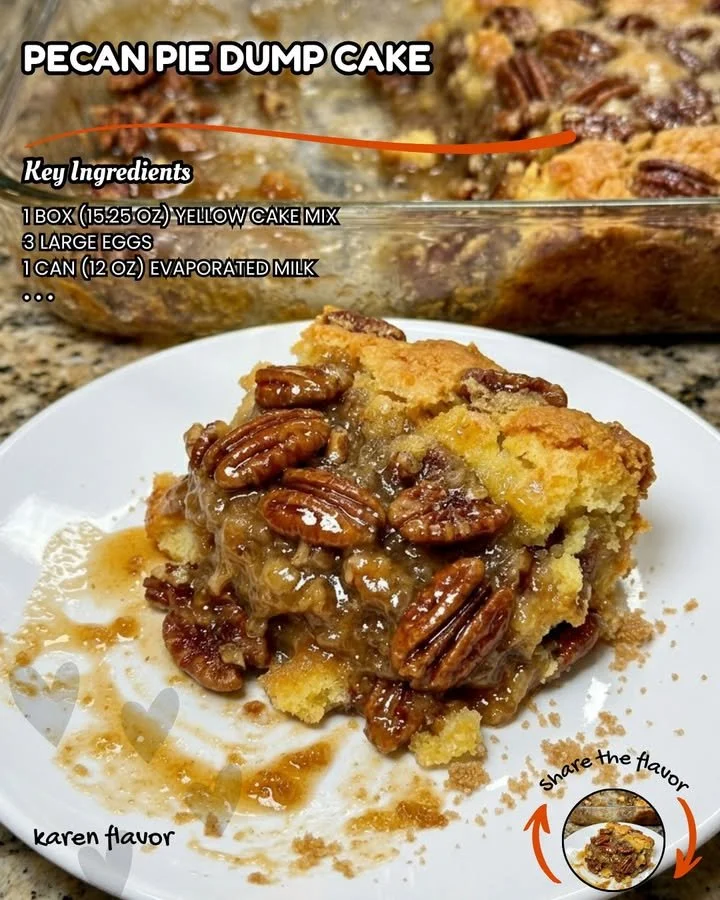 Delicious Pecan Pie Dump Cake served with whipped cream on a plate