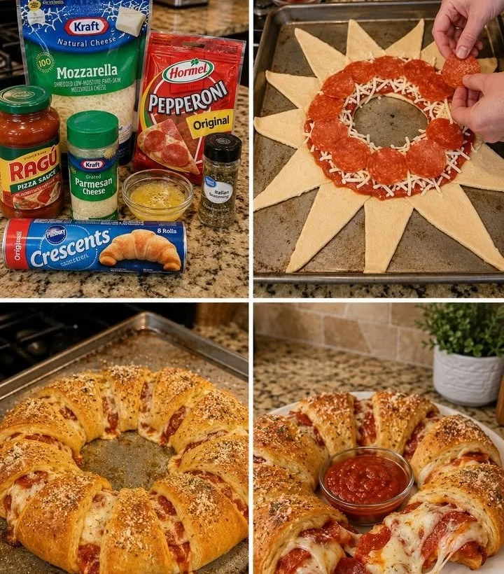 Pepperoni pizza crescent ring on a plate garnished with herbs.
