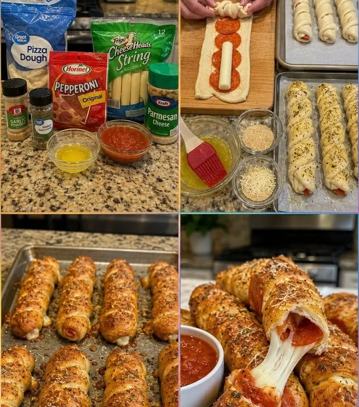 Pepperoni Pizza Pretzel Sticks with melted cheese and pepperoni slices