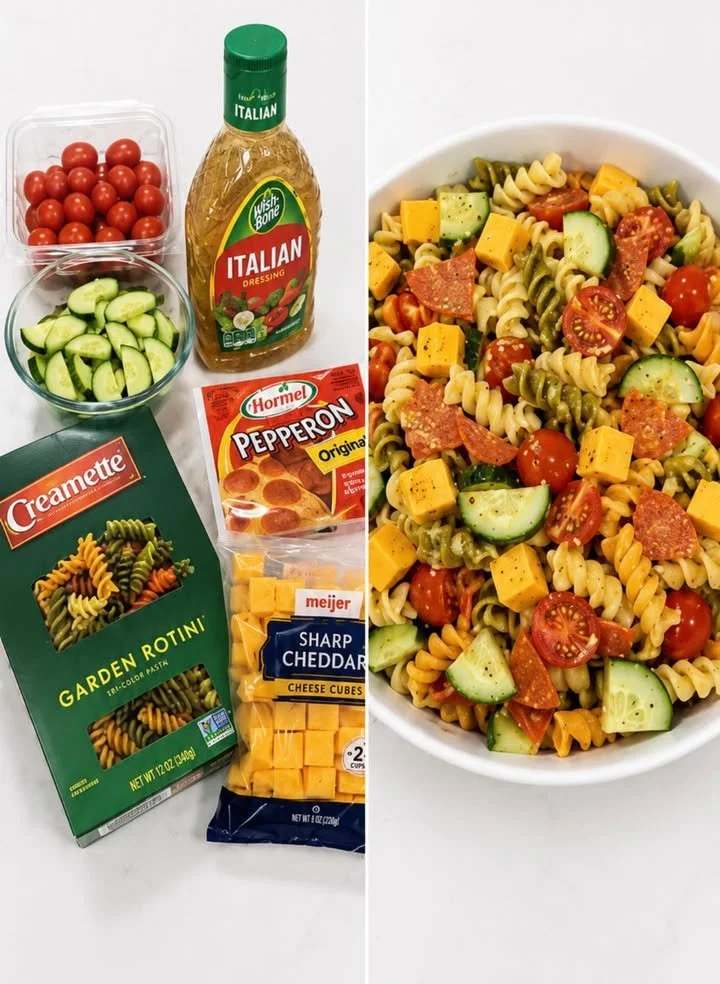 Colorful tricolor pasta salad with vegetables and dressing