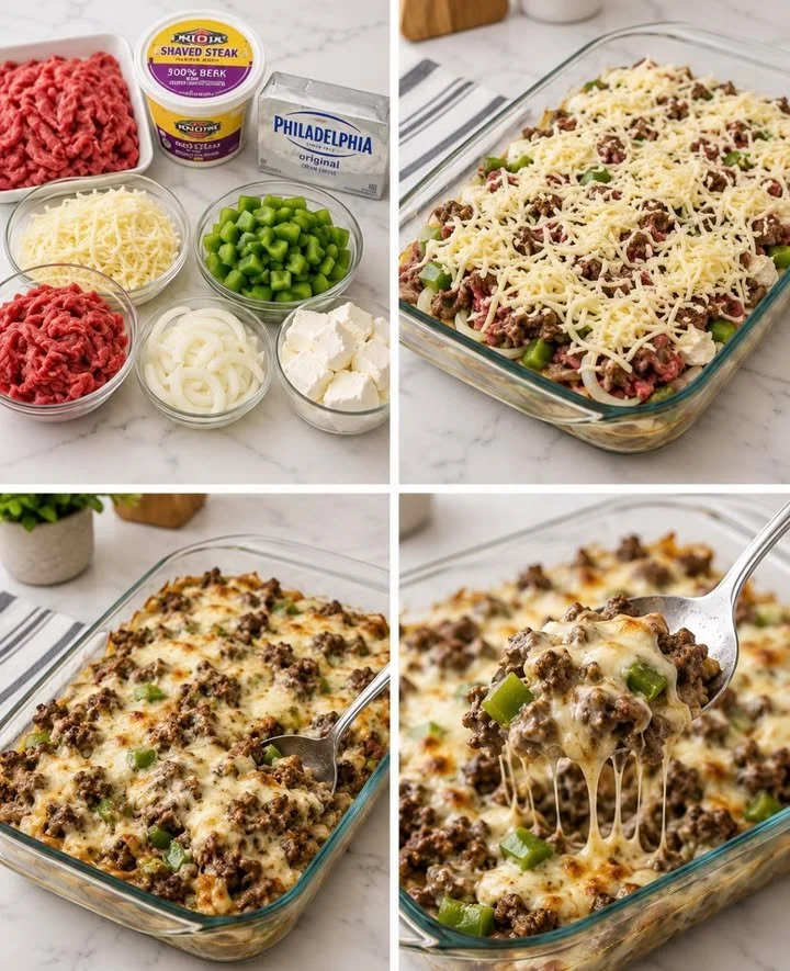 Delicious Philly cheesesteak casserole topped with melted cheese and peppers.
