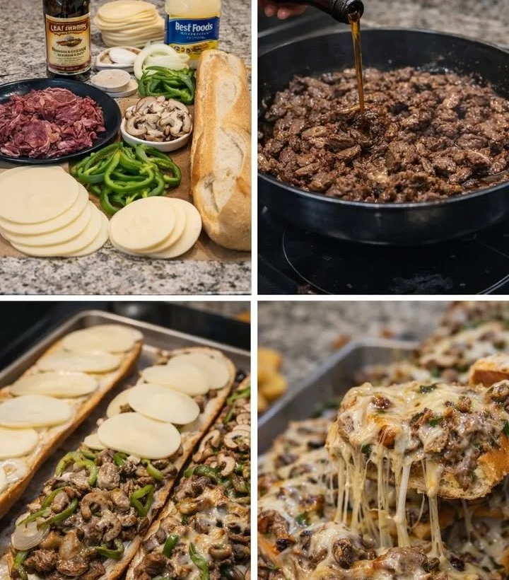 Philly Cheesesteak Cheesy Bread topped with melted cheese and steak