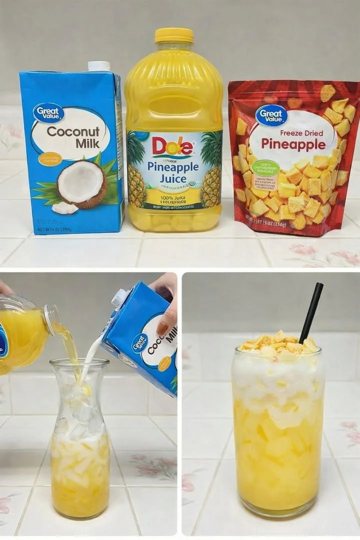 Pineapple Coconut Cloud drink in a glass with tropical fruits