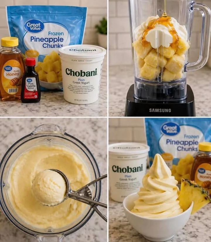 Creamy Pineapple Greek Yogurt soft serve in a cup with tropical garnishes
