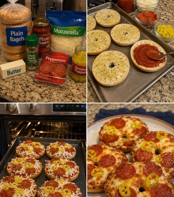 Freshly baked pizza bagels with cheese and toppings