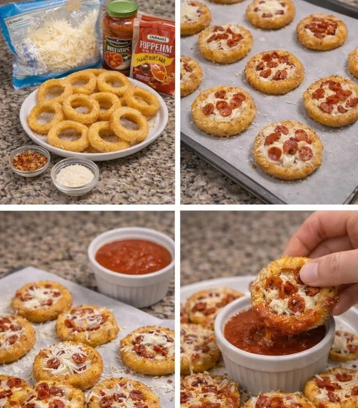 Crispy pizza onion rings served with dipping sauce