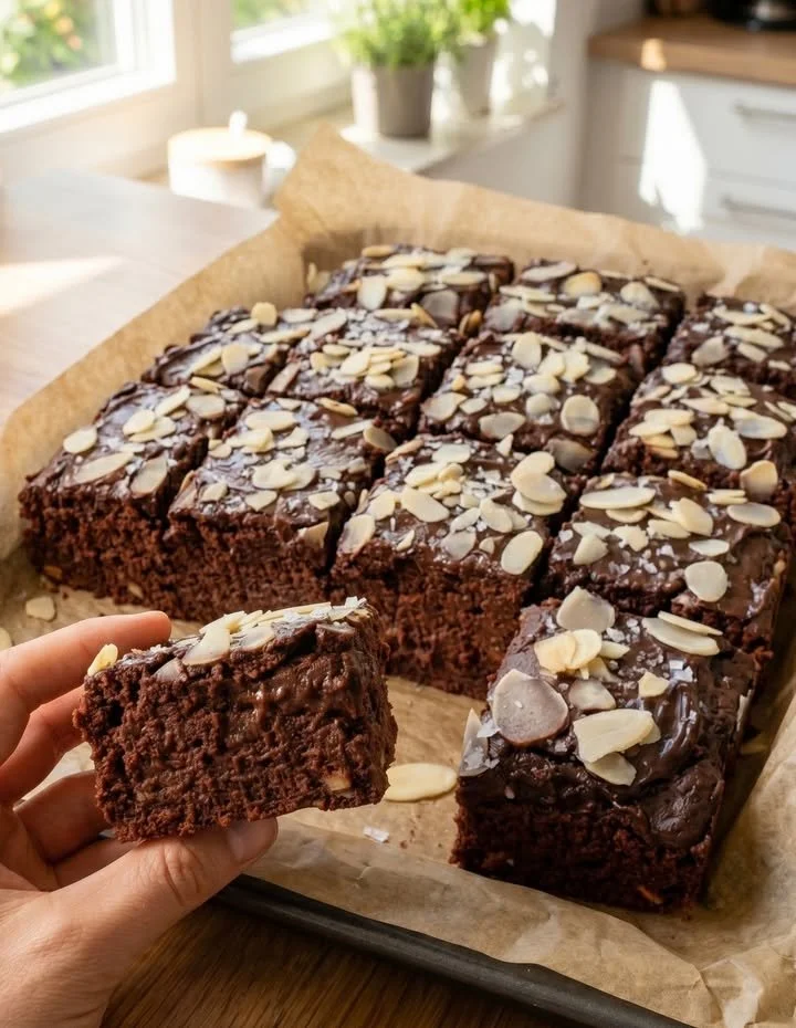 Delicious homemade protein brownies stacked on a wooden table.