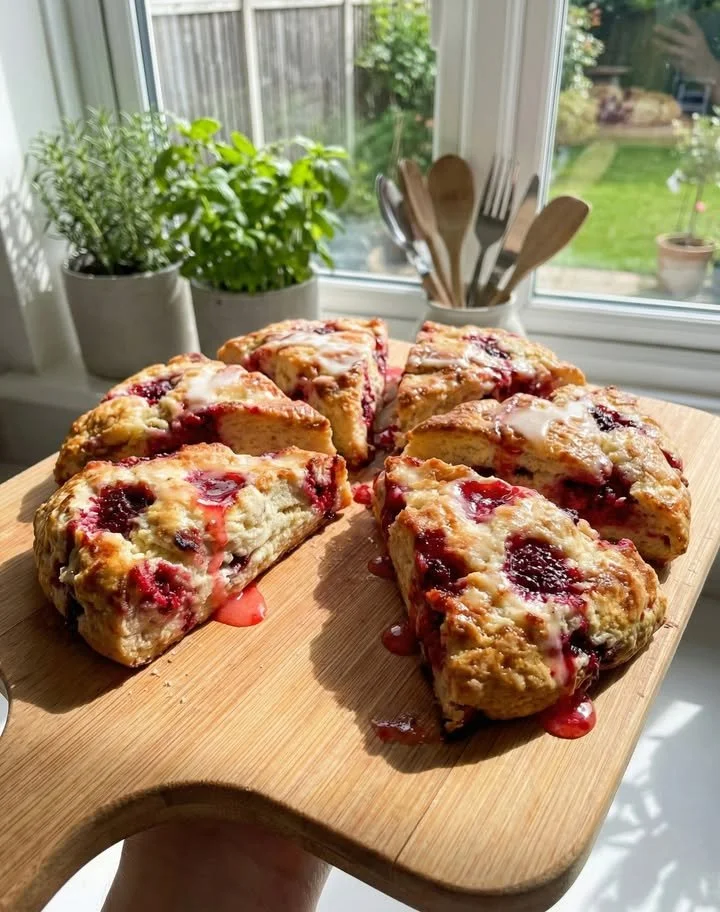 Freshly baked Raspberry Cottage Cheese Scones on a wooden table
