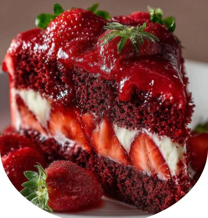 Slice of Red Velvet Strawberry Cheesecake with fresh strawberries on top