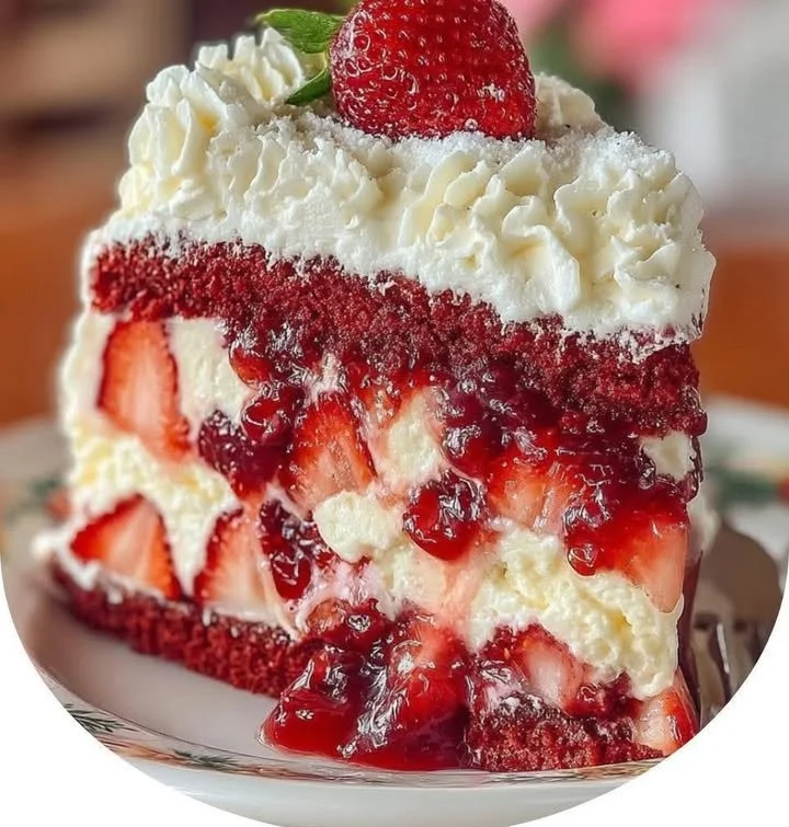 Red Velvet Strawberry Cheesecake topped with fresh strawberries and cream