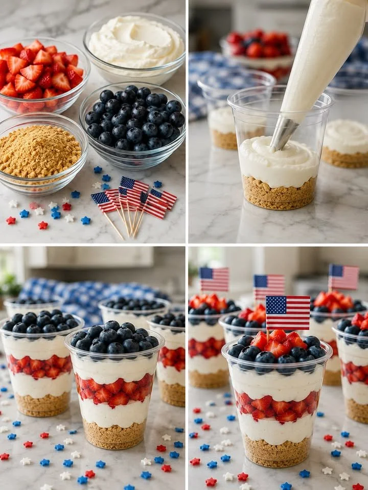 Red White and Blue Berry Parfaits served in clear cups with fresh berries