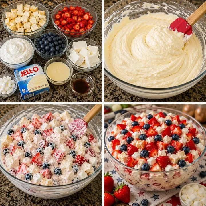 Red White and Blue Cheesecake Salad featuring berries and creamy cheesecake dressing
