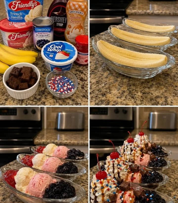 Red, White & Blue Banana Split Boats dessert with strawberries and blueberries