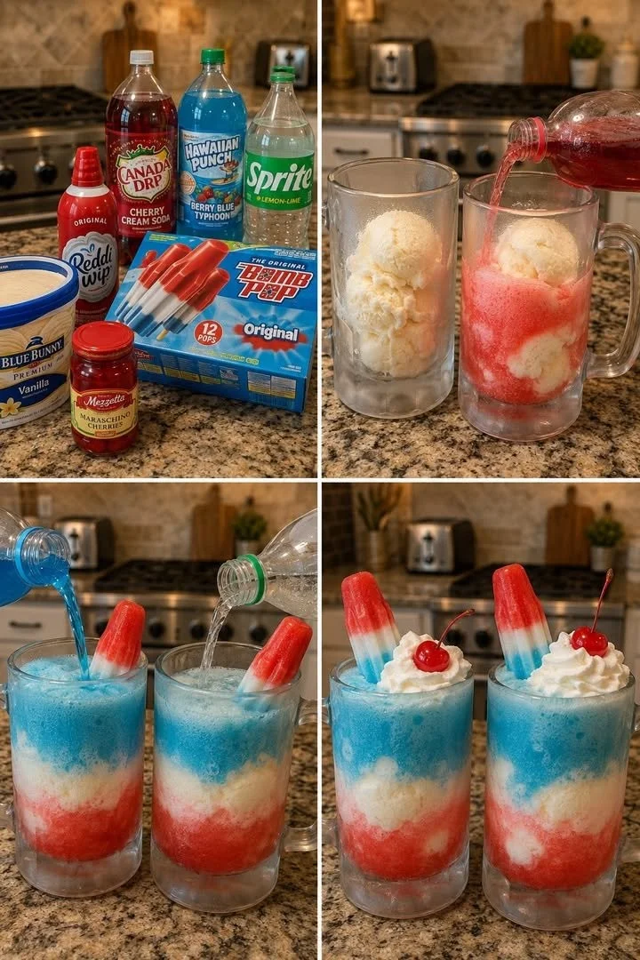 Red, White & Blue Bomb Pop ice cream floats in a festive setting