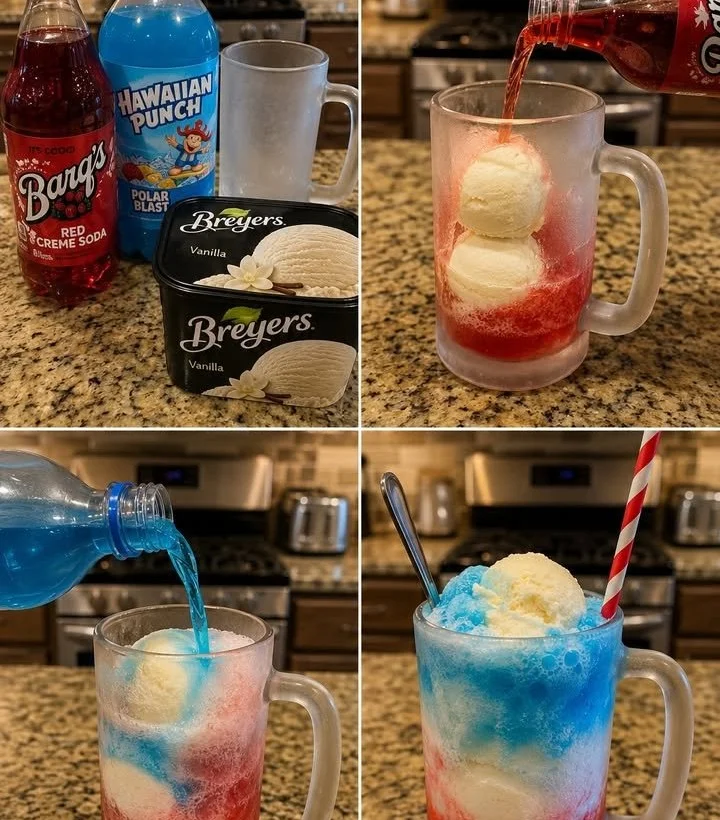 Red, White & Blue Ice Cream Float topped with colorful ingredients