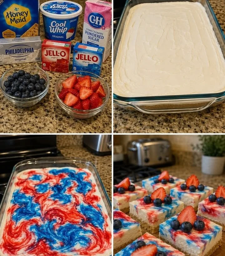 Red White & Blue Jell-O cheesecake bars served on a plate, perfect for summer treats.