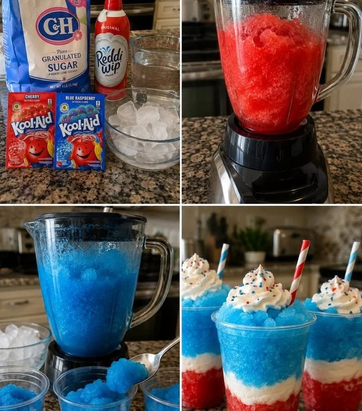 Refreshing red, white, and blue Kool-Aid slush cups for summer fun