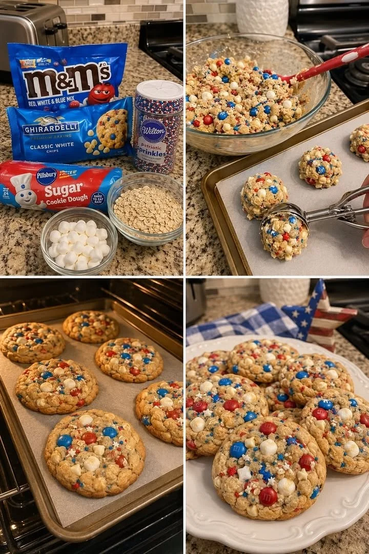 Red, White & Blue Monster Cookies with sprinkles and chocolate chips