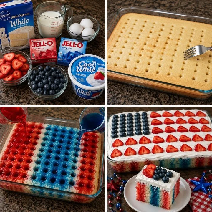 Slice of Red White Blue Poke Cake with layers of strawberries and blueberries