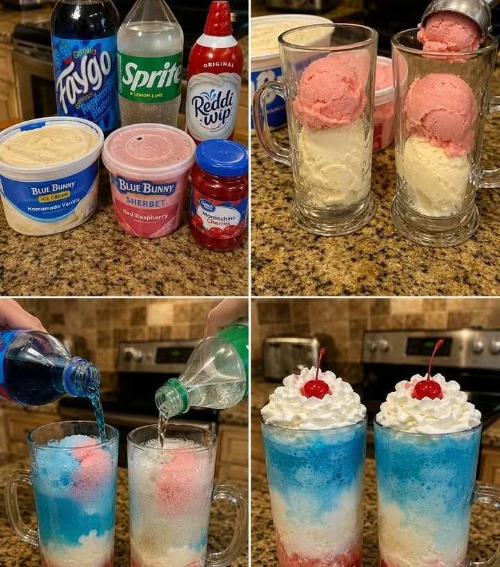 Delicious Red White & Blue Sherbet Floats in festive glasses