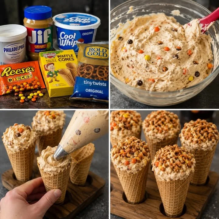 Delicious Reese's Pieces cheesecake cones served in waffle cones