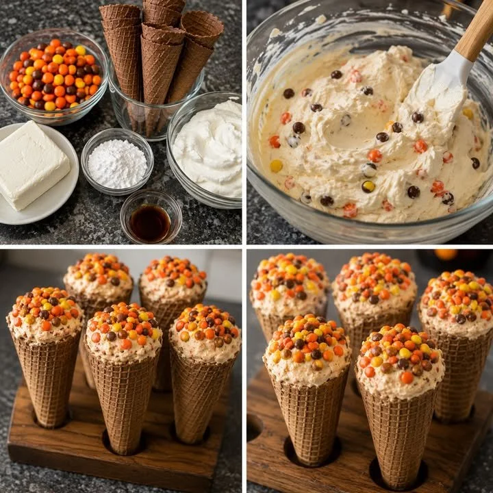 Reese's Pieces cheesecake cones topped with chocolate and peanut butter