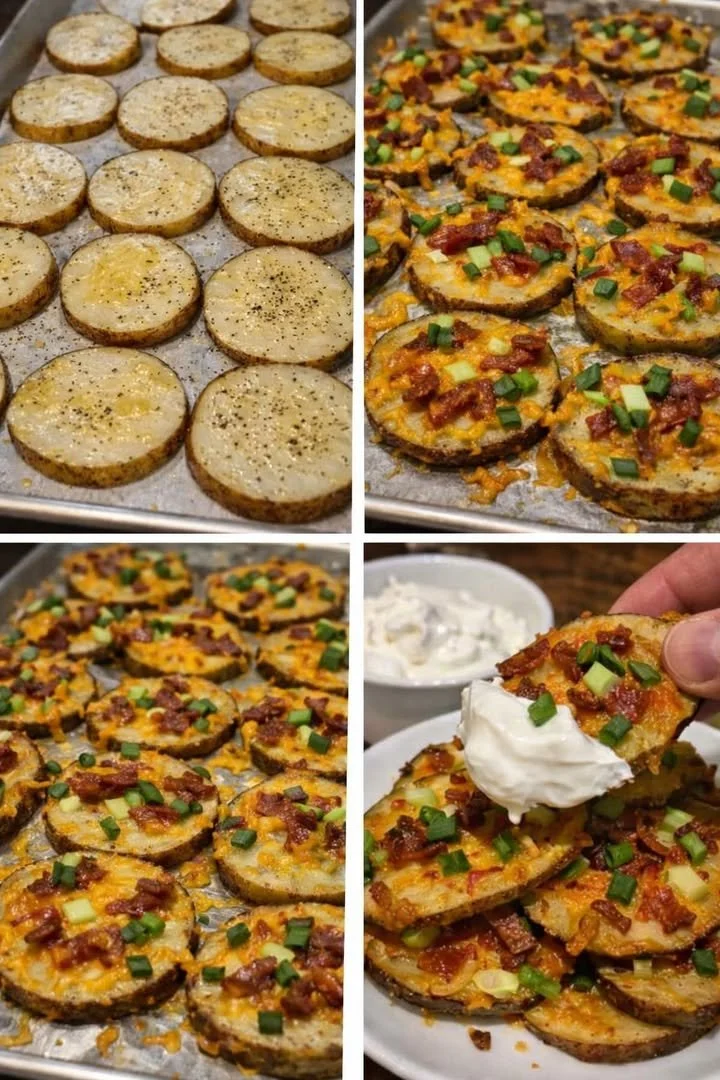 Crispy seasoned baked potato slices served on a plate with herbs.