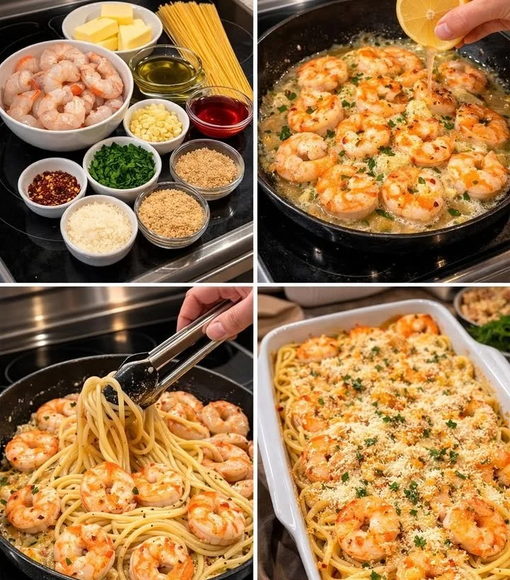 Baked shrimp scampi pasta dish served with herbs and cheese