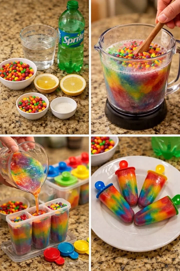 Colorful Skittles Sprite Popsicles in a refreshing treat