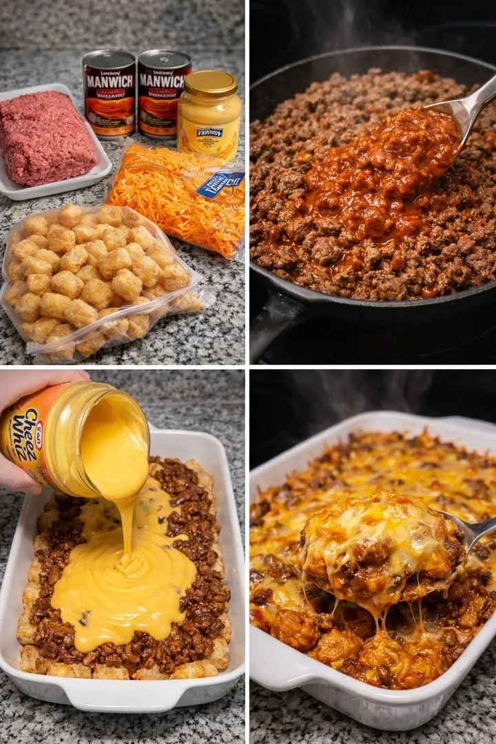 Sloppy Joe Tater Tot Casserole topped with golden tater tots