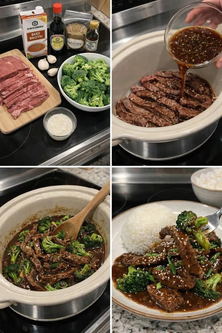 Delicious slow cooker beef and broccoli served in a bowl