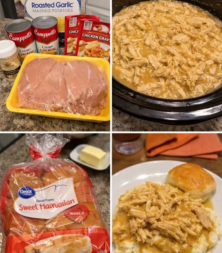 Slow cooker chicken and gravy served with mashed potatoes