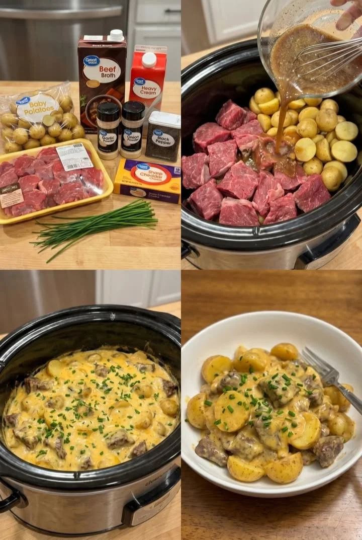 Slow Cooker Steak and Cheddar Potato dish, rich and flavorful meal