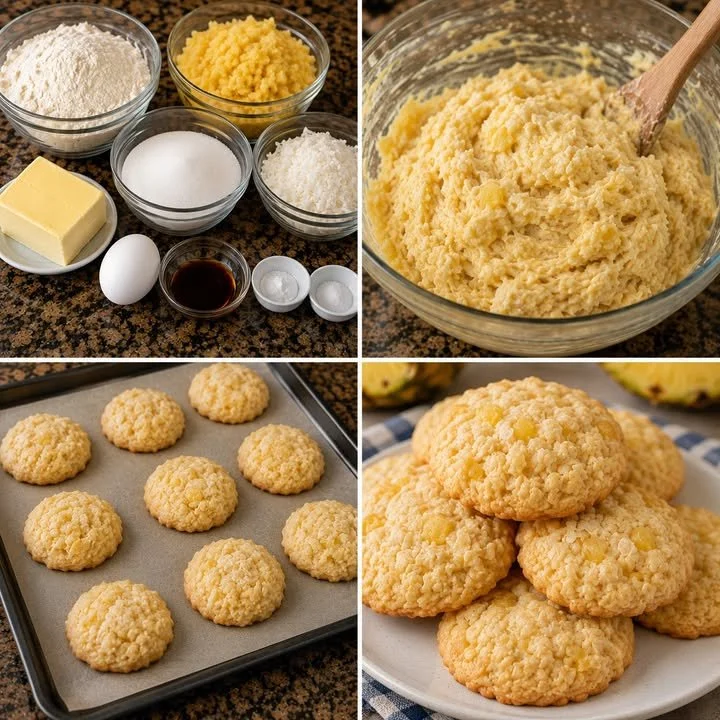Delicious soft and chewy pineapple cookies on a baking tray.