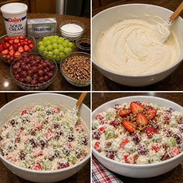 Delicious Southern Grape Salad served in a bowl, featuring grapes and creamy dressing.