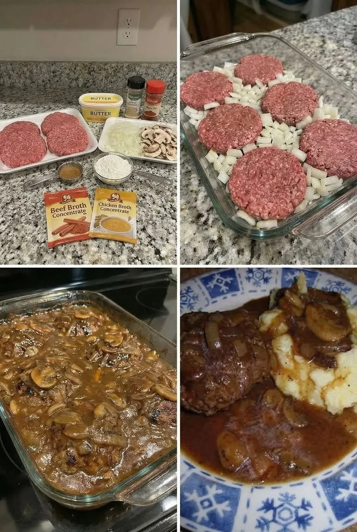 Southern-style hamburger steak with onion gravy served on a plate
